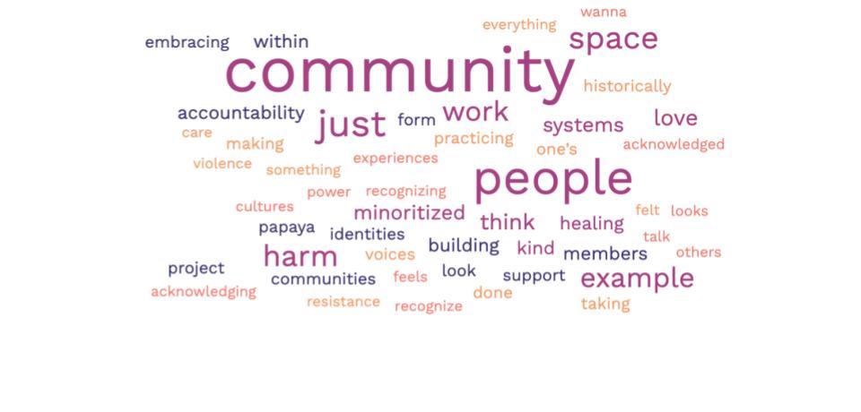 word cloud in hues of orange, pink, and purple. the largest words are Community, people, example, harm, just, accountability, systems, love, minoritized.